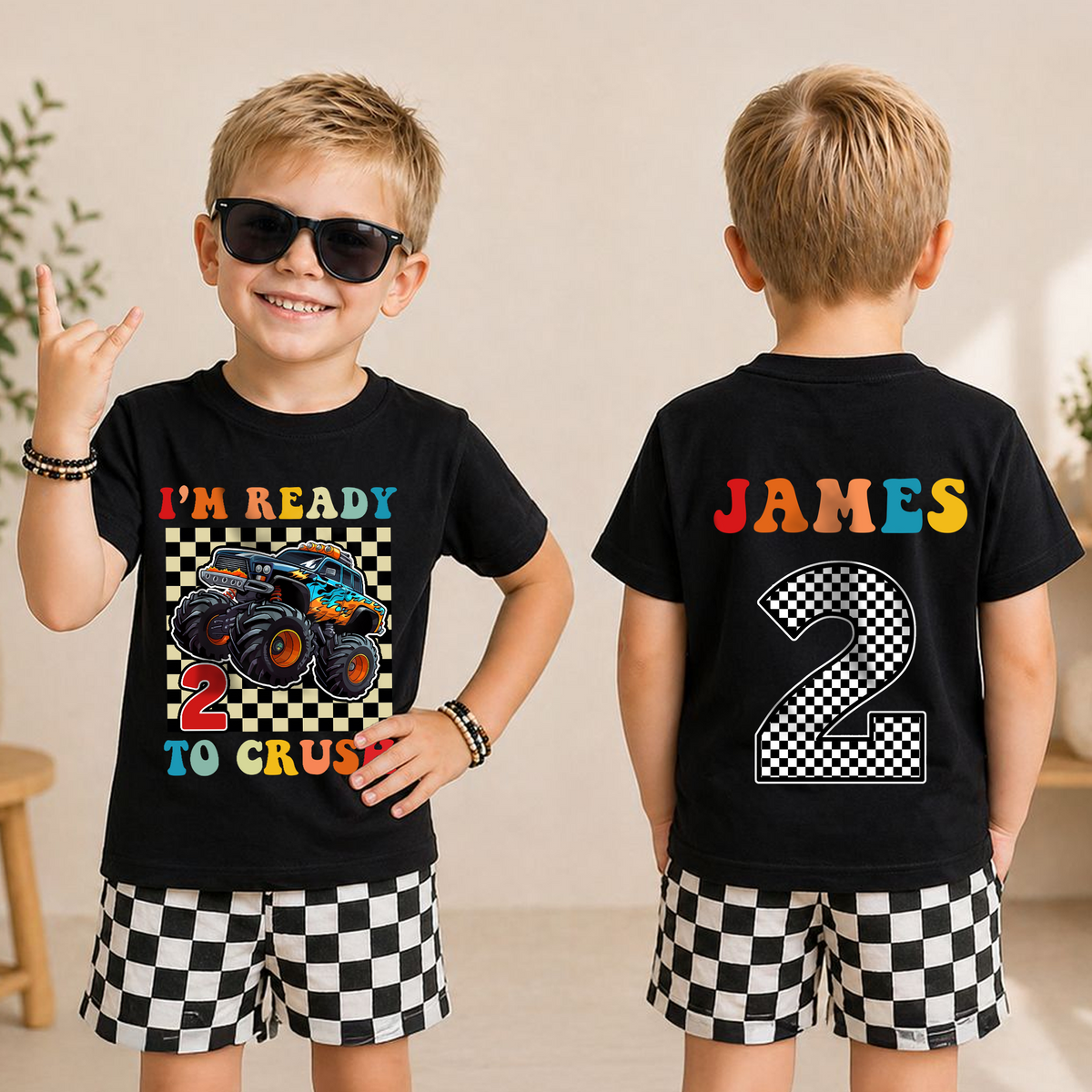 Custom Name Monster Truck 2nd Birthday Shirt, Ready To Crush — product view 3