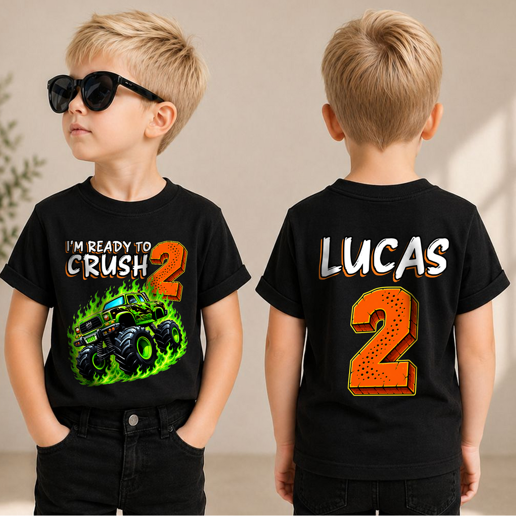 Boys Custom Monster Truck 2nd Birthday Shirt, Ready To Crush — product view 1