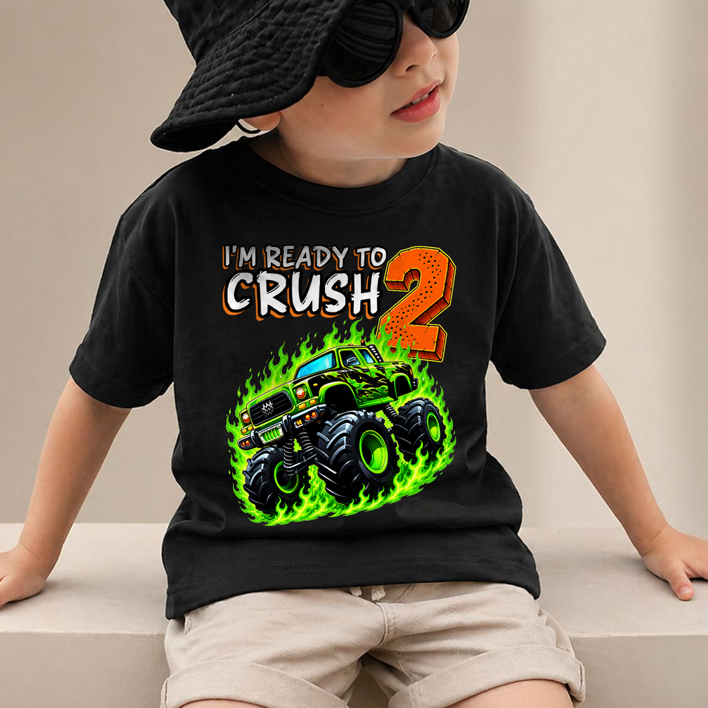 Boys Custom Monster Truck 2nd Birthday Shirt, Ready To Crush — product view 2