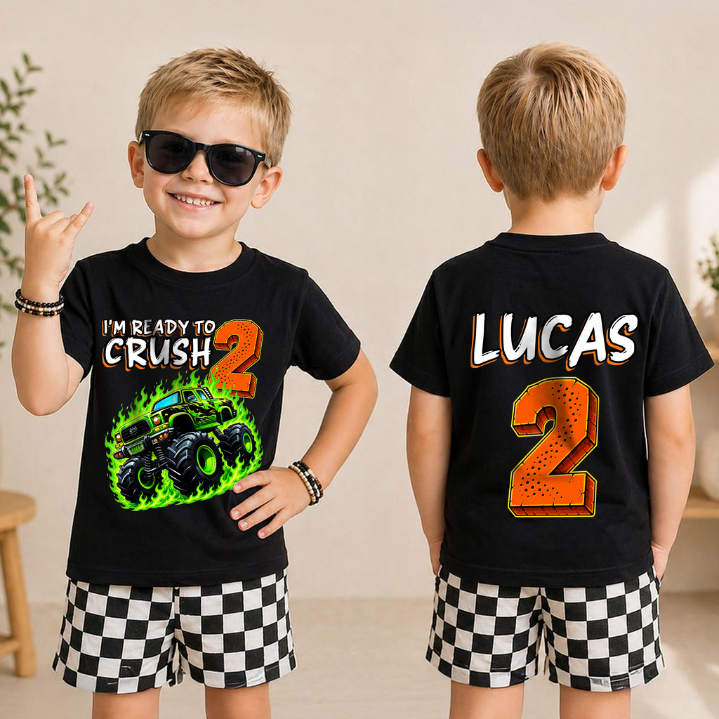 Boys Custom Monster Truck 2nd Birthday Shirt, Ready To Crush — product view 3