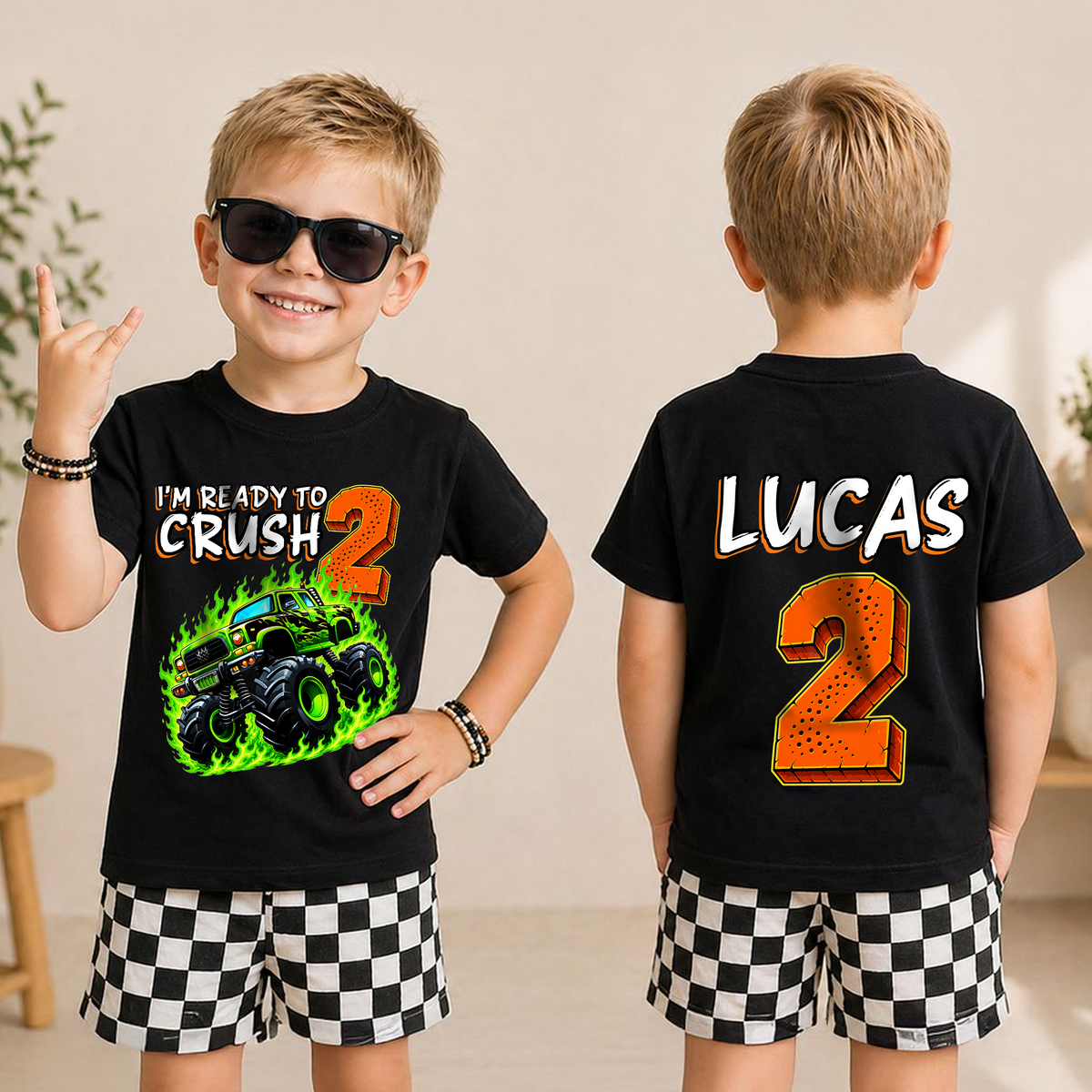 Boys Custom Monster Truck 2nd Birthday Shirt, Ready To Crush — product view 3