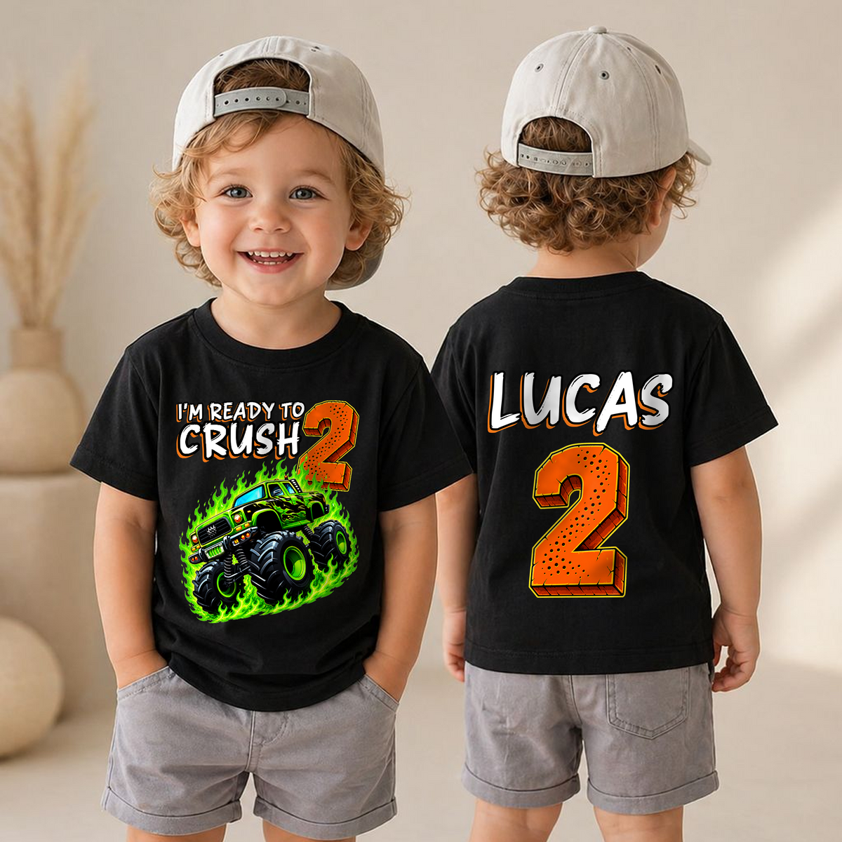 Boys Custom Monster Truck 2nd Birthday Shirt, Ready To Crush — product view 4