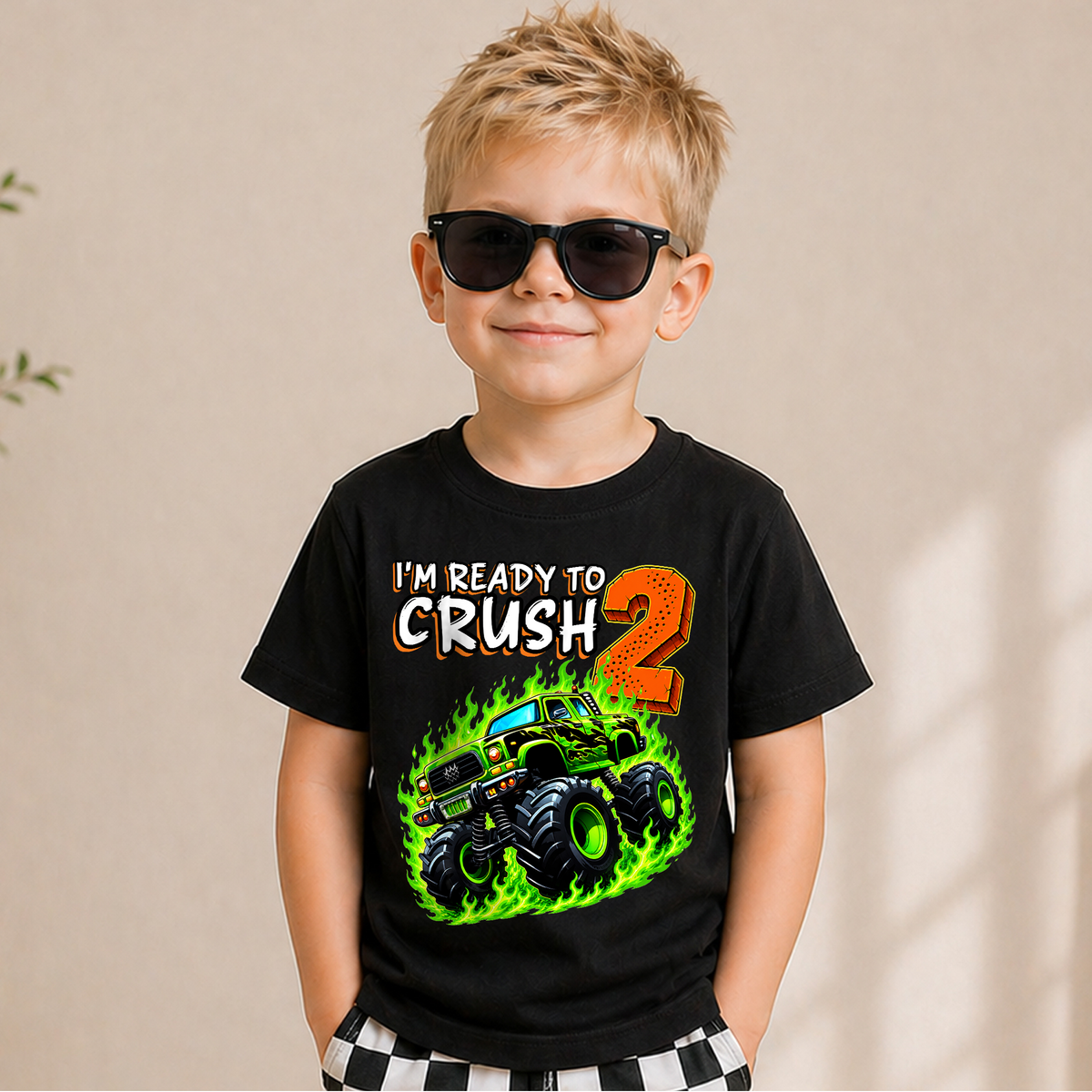 Boys Custom Monster Truck 2nd Birthday Shirt, Ready To Crush — product view 5