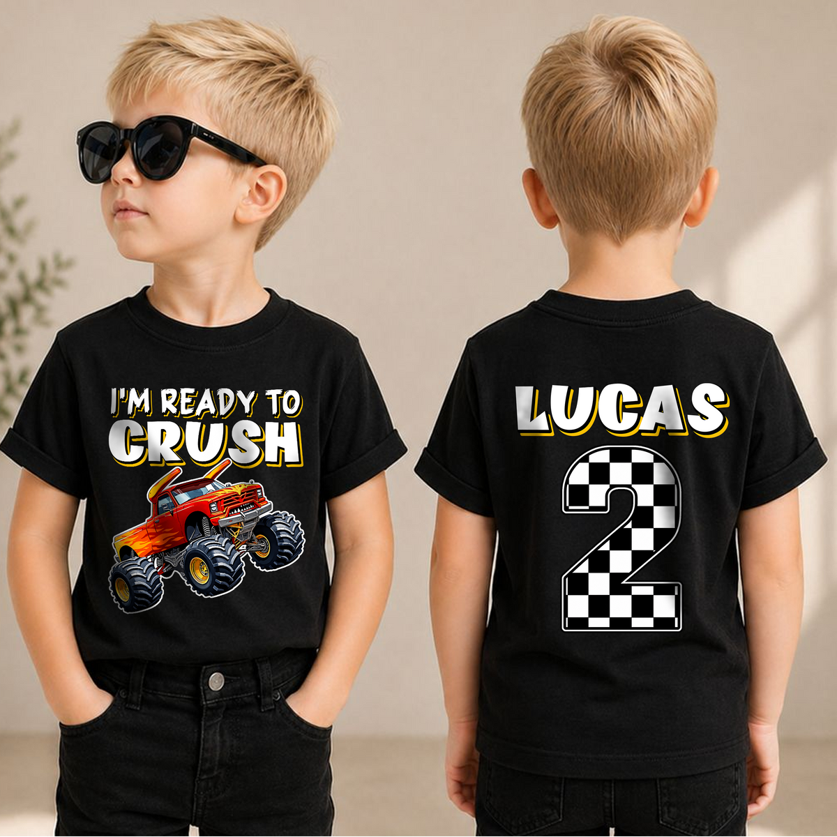 Toddler Personalized Monster Truck 2nd Birthday Shirt — product view 1