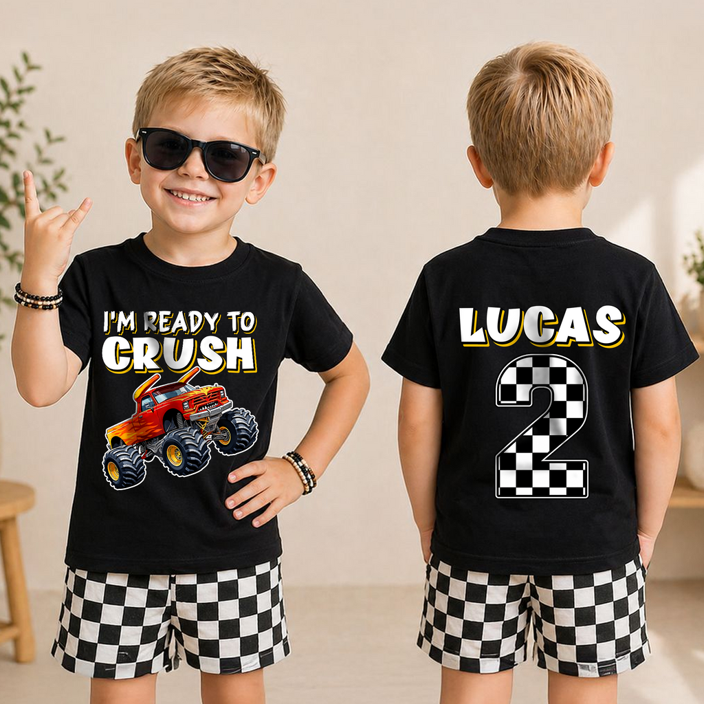Toddler Personalized Monster Truck 2nd Birthday Shirt — product view 3