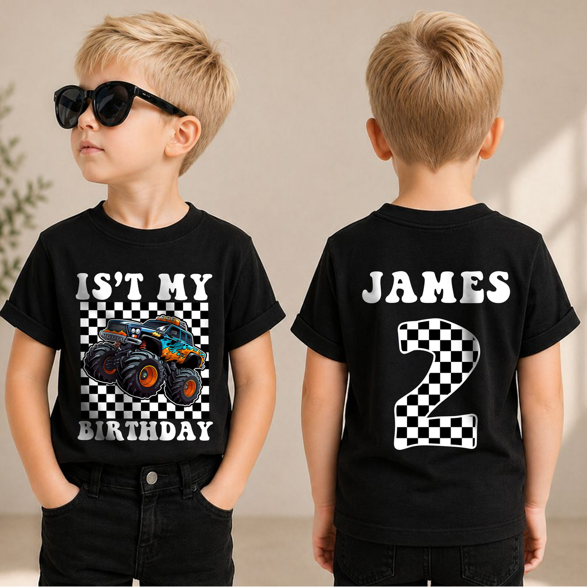 Boys Personalized Monster Truck 2nd Birthday Shirt, Crushing It — product view 1