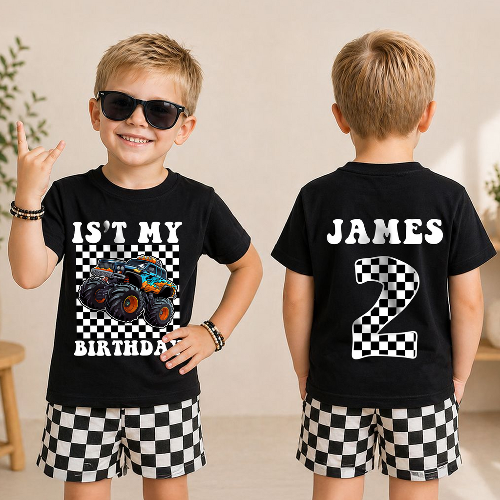 Boys Personalized Monster Truck 2nd Birthday Shirt, Crushing It — product view 3