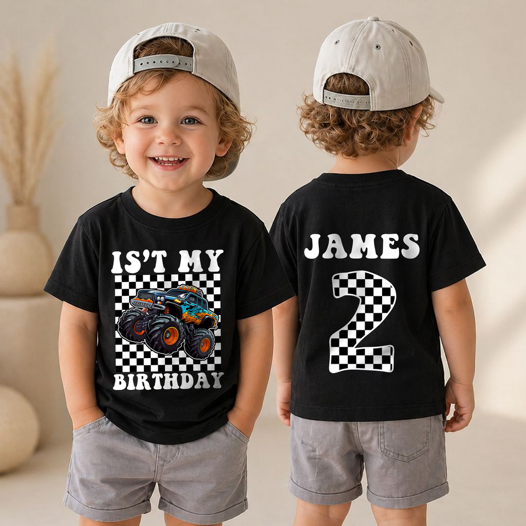 Boys Personalized Monster Truck 2nd Birthday Shirt, Crushing It — product view 4