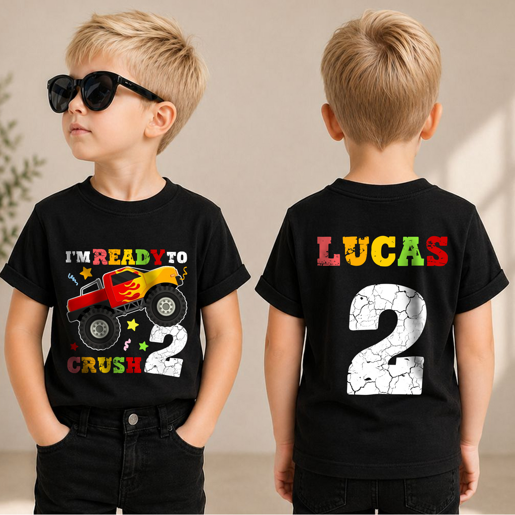 Personalized Monster Truck Birthday Boy Shirt 2, Ready To Crush — product view 1
