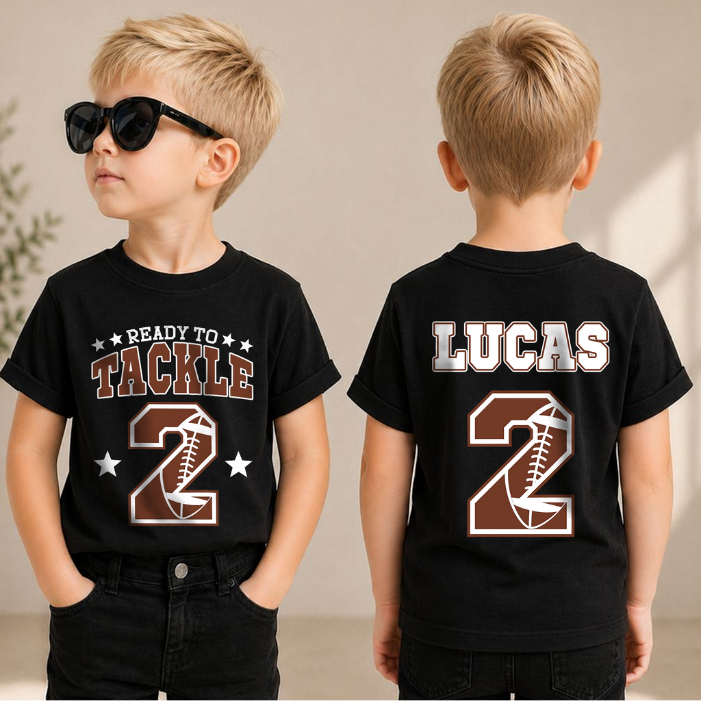 Toddler Personalized Football 2nd Birthday Shirt, Ready To Tackle — product view 1