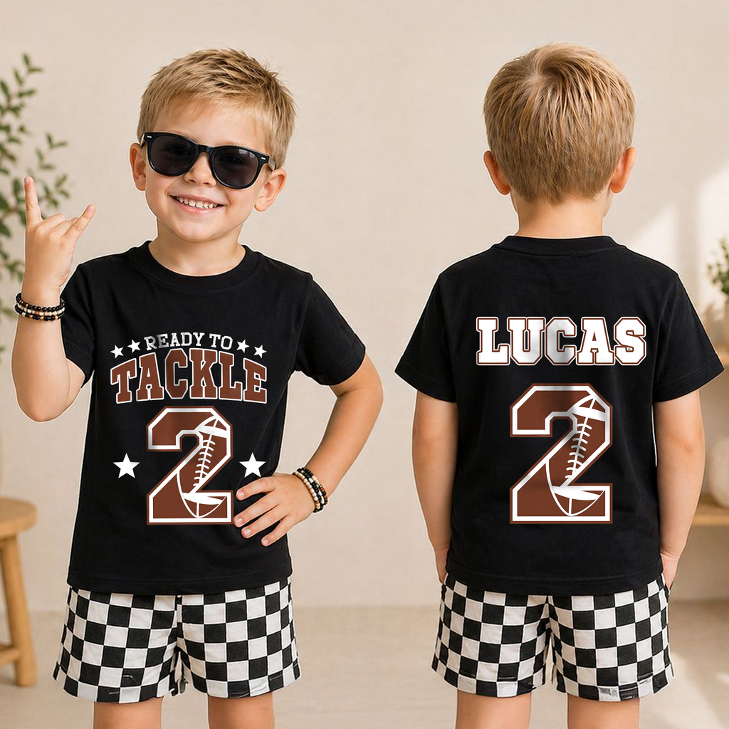 Toddler Personalized Football 2nd Birthday Shirt, Ready To Tackle — product view 3