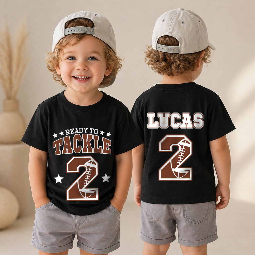 Toddler Personalized Football 2nd Birthday Shirt, Ready To Tackle — product view 4