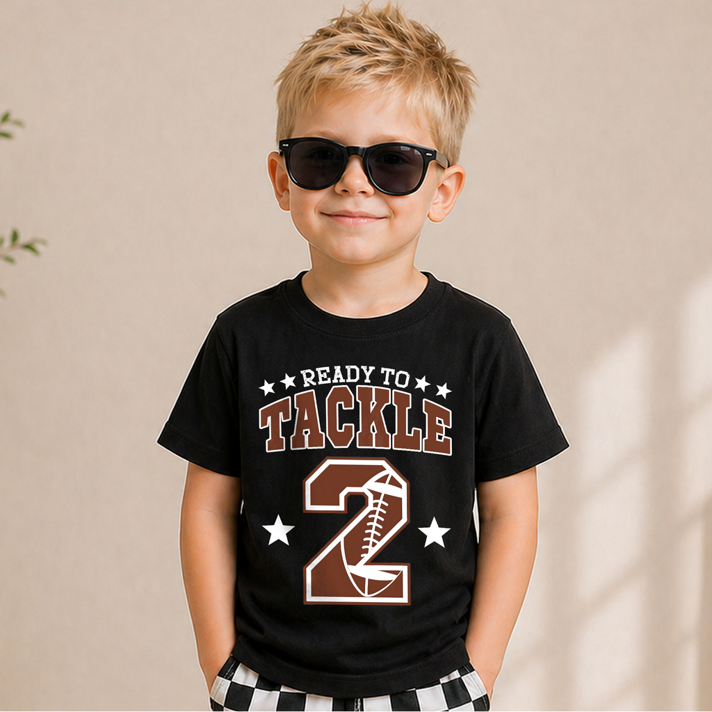 Toddler Personalized Football 2nd Birthday Shirt, Ready To Tackle — product view 6