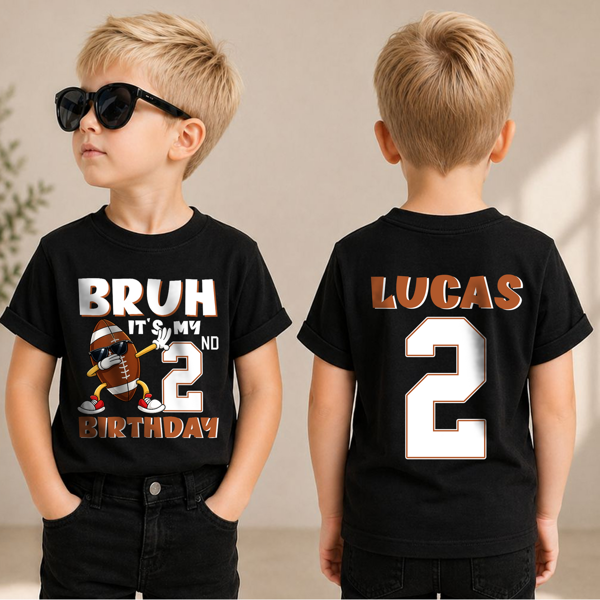 Custom Name Football Player Birthday Shirt for Boys, 2nd Birthday — product view 1