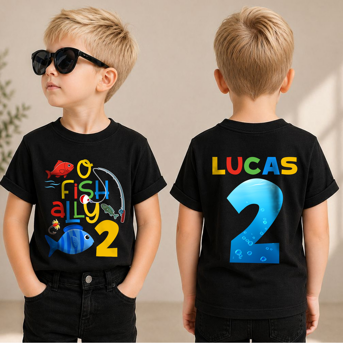 Custom O Fish Ally 2 2nd Birthday Shirt for Boys, Fishing — product view 1
