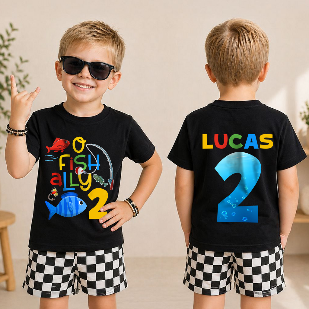 Custom O Fish Ally 2 2nd Birthday Shirt for Boys, Fishing — product view 3