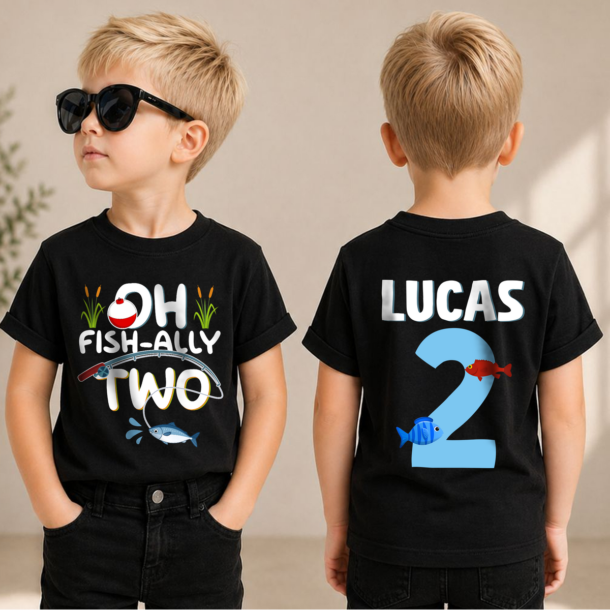 Boys Custom Oh Fish-Ally Two 2nd Birthday Shirt, Custom Name — product view 1