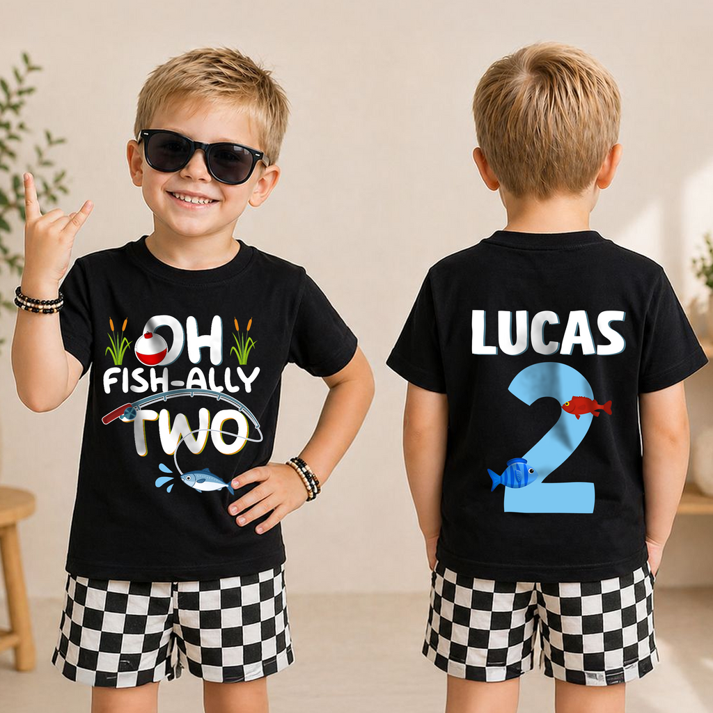 Boys Custom Oh Fish-Ally Two 2nd Birthday Shirt, Custom Name — product view 3