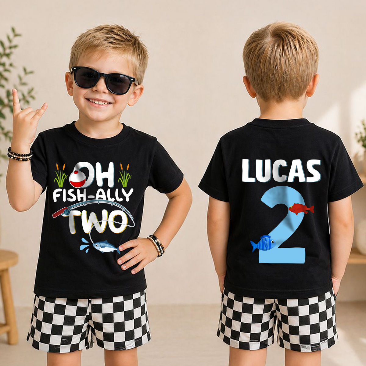 Boys Custom Oh Fish-Ally Two 2nd Birthday Shirt, Custom Name — product view 3