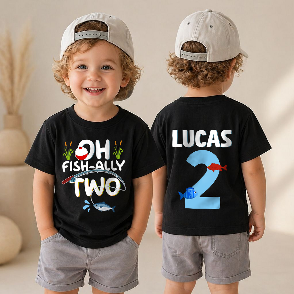 Boys Custom Oh Fish-Ally Two 2nd Birthday Shirt, Custom Name — product view 4