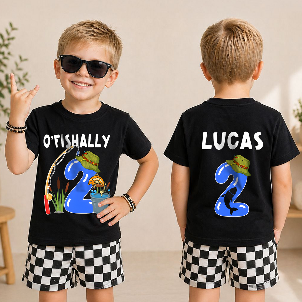 Toddler Personalized O'Fishally 2nd Birthday Shirt for Boys — product view 3