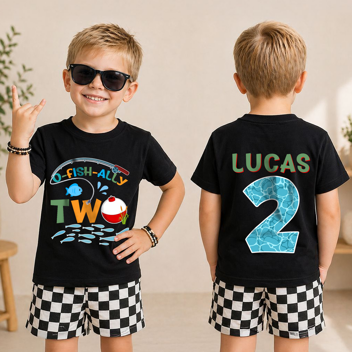 Personalized Fishing 2nd Birthday Shirt Boy, O-Fish-Ally Two — product view 3