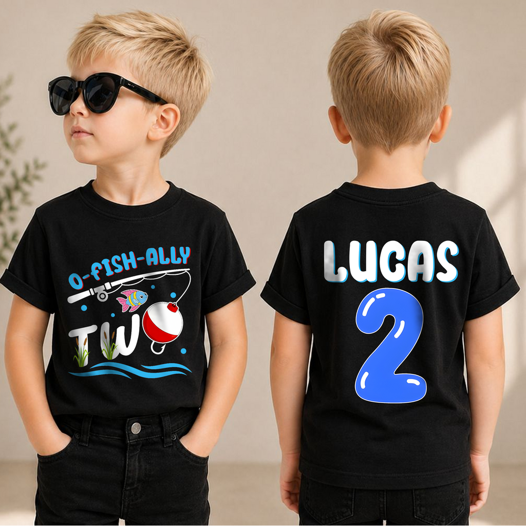 Custom Name Fishing 2nd Birthday Shirt Boy, O-Fish-Ally Two — product view 1
