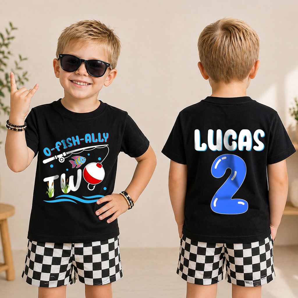 Custom Name Fishing 2nd Birthday Shirt Boy, O-Fish-Ally Two — product view 3