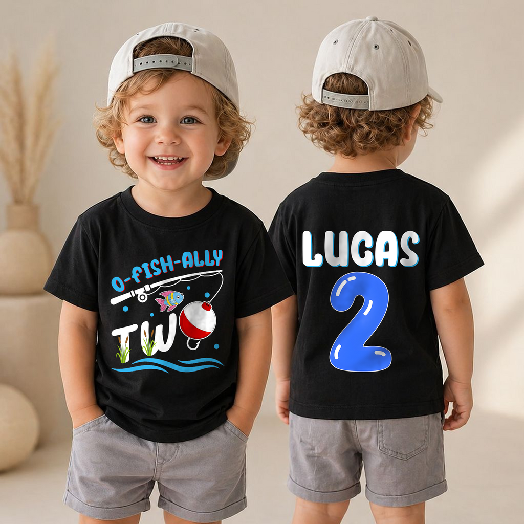 Custom Name Fishing 2nd Birthday Shirt Boy, O-Fish-Ally Two — product view 4
