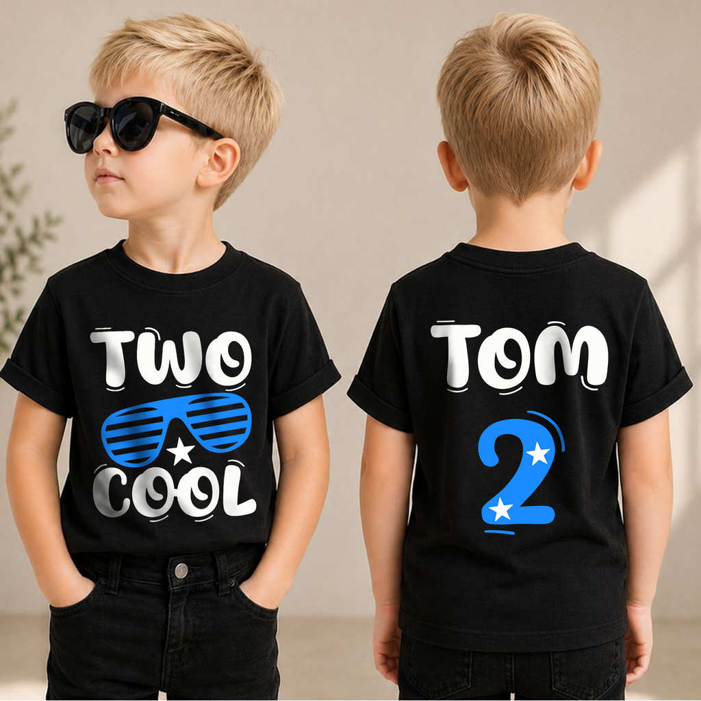 Boys Custom Cool Kid 2nd Birthday Shirt Boy, TWO COOL — product view 1