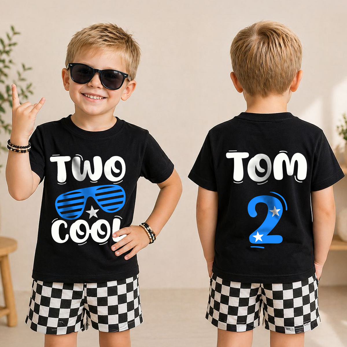 Boys Custom Cool Kid 2nd Birthday Shirt Boy, TWO COOL — product view 3