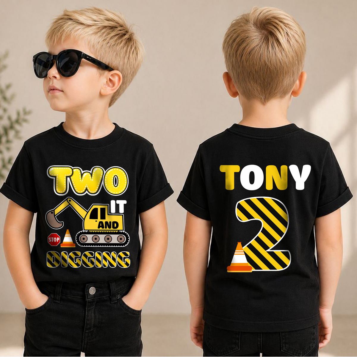 Personalized Two and Digging It 2nd Birthday Shirt, Construction Truck — product view 1