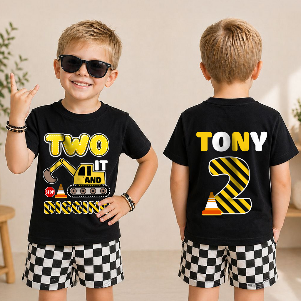 Personalized Two and Digging It 2nd Birthday Shirt, Construction Truck — product view 3