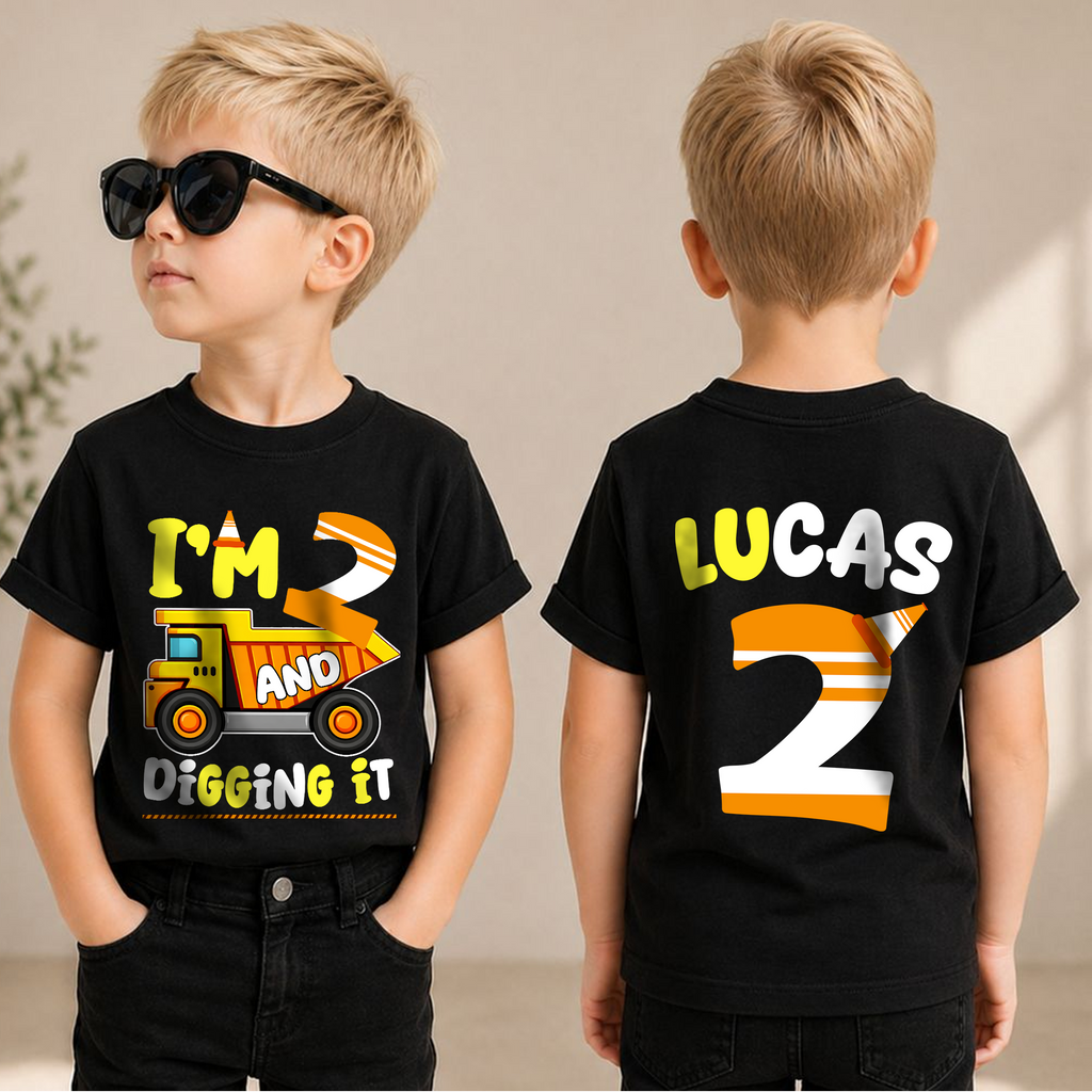 Custom I'm 2 and Digging It 2nd Birthday Shirt, Construction Truck — product view 1