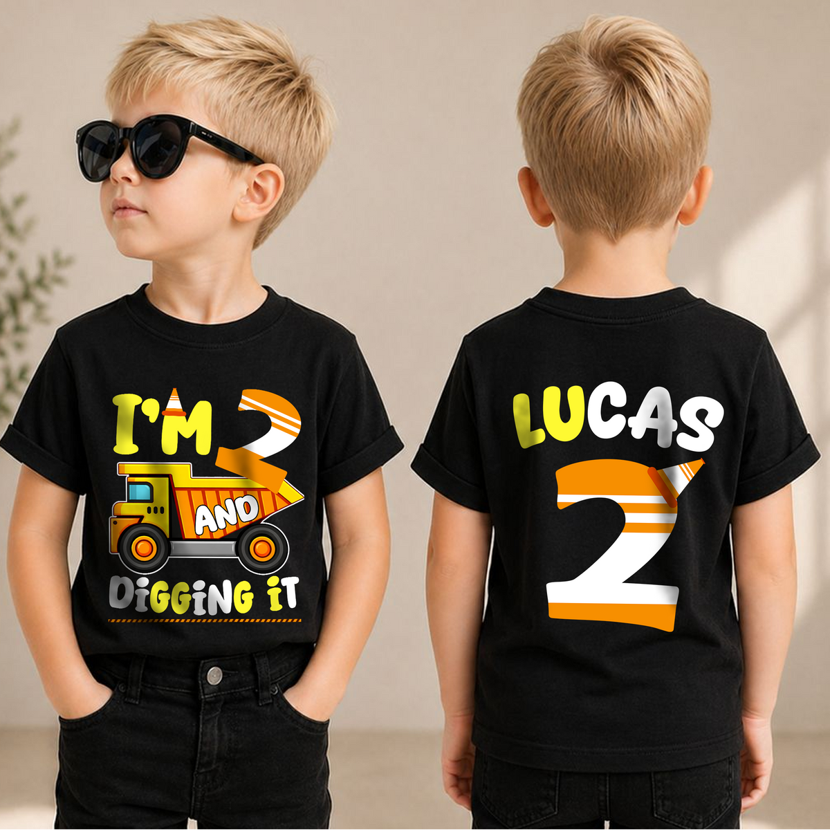 Custom I'm 2 and Digging It 2nd Birthday Shirt, Construction Truck — product view 1