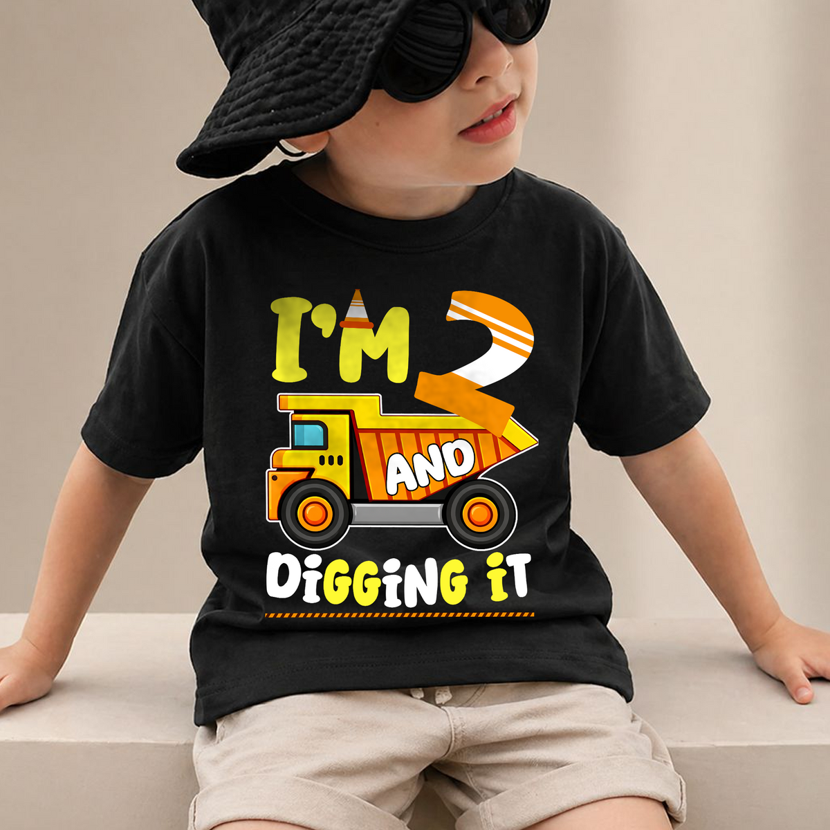 Custom I'm 2 and Digging It 2nd Birthday Shirt, Construction Truck — product view 2