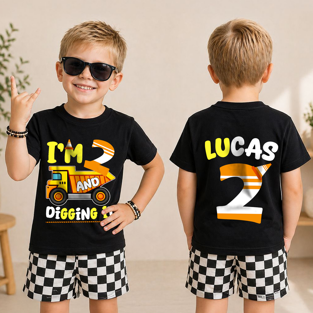 Custom I'm 2 and Digging It 2nd Birthday Shirt, Construction Truck — product view 3