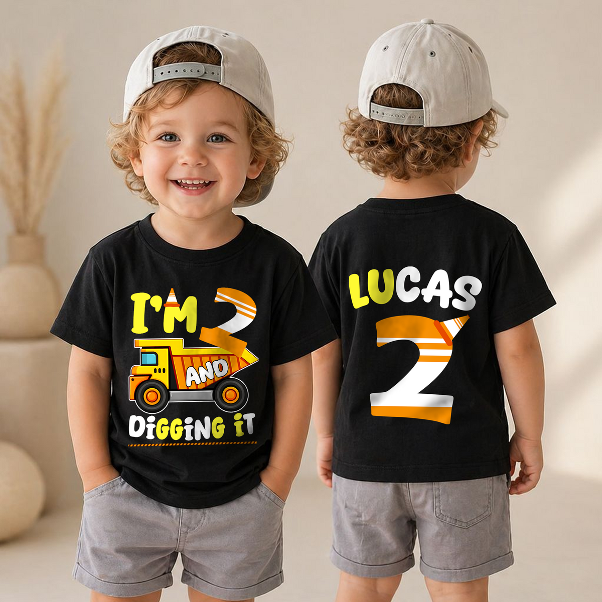 Custom I'm 2 and Digging It 2nd Birthday Shirt, Construction Truck — product view 4