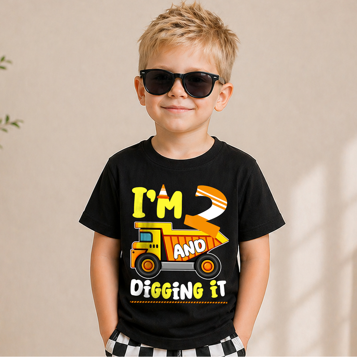 Custom I'm 2 and Digging It 2nd Birthday Shirt, Construction Truck — product view 5