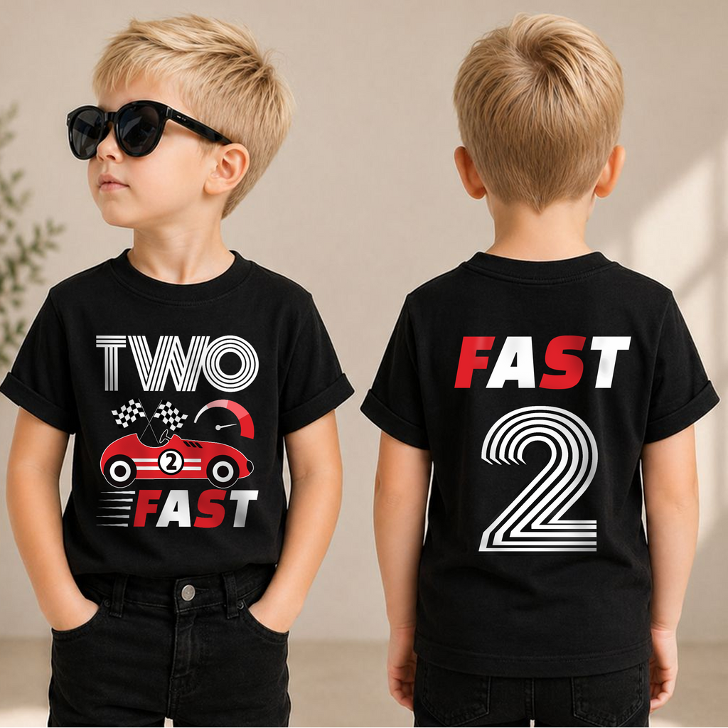 Custom Name Racing Birthday Boy Shirt 2, TWO FAST — product view 1