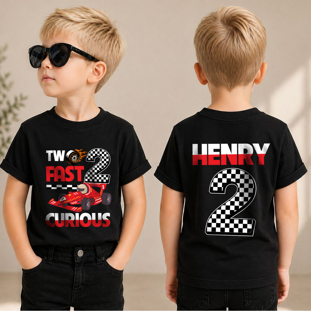 Boys Custom Racing Birthday Boy Shirt 2, Two Fast 2 Curious — product view 1