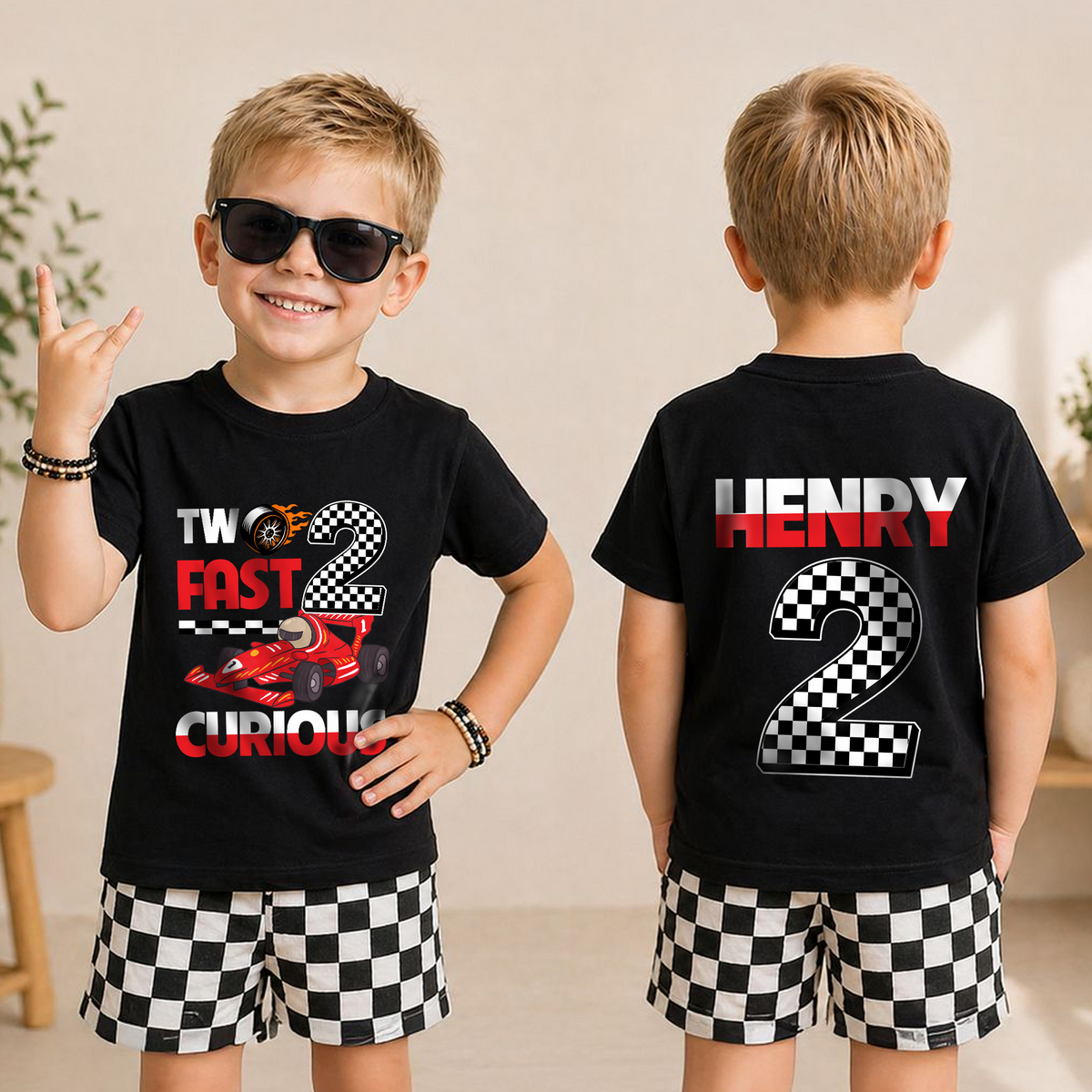 Boys Custom Racing Birthday Boy Shirt 2, Two Fast 2 Curious — product view 3