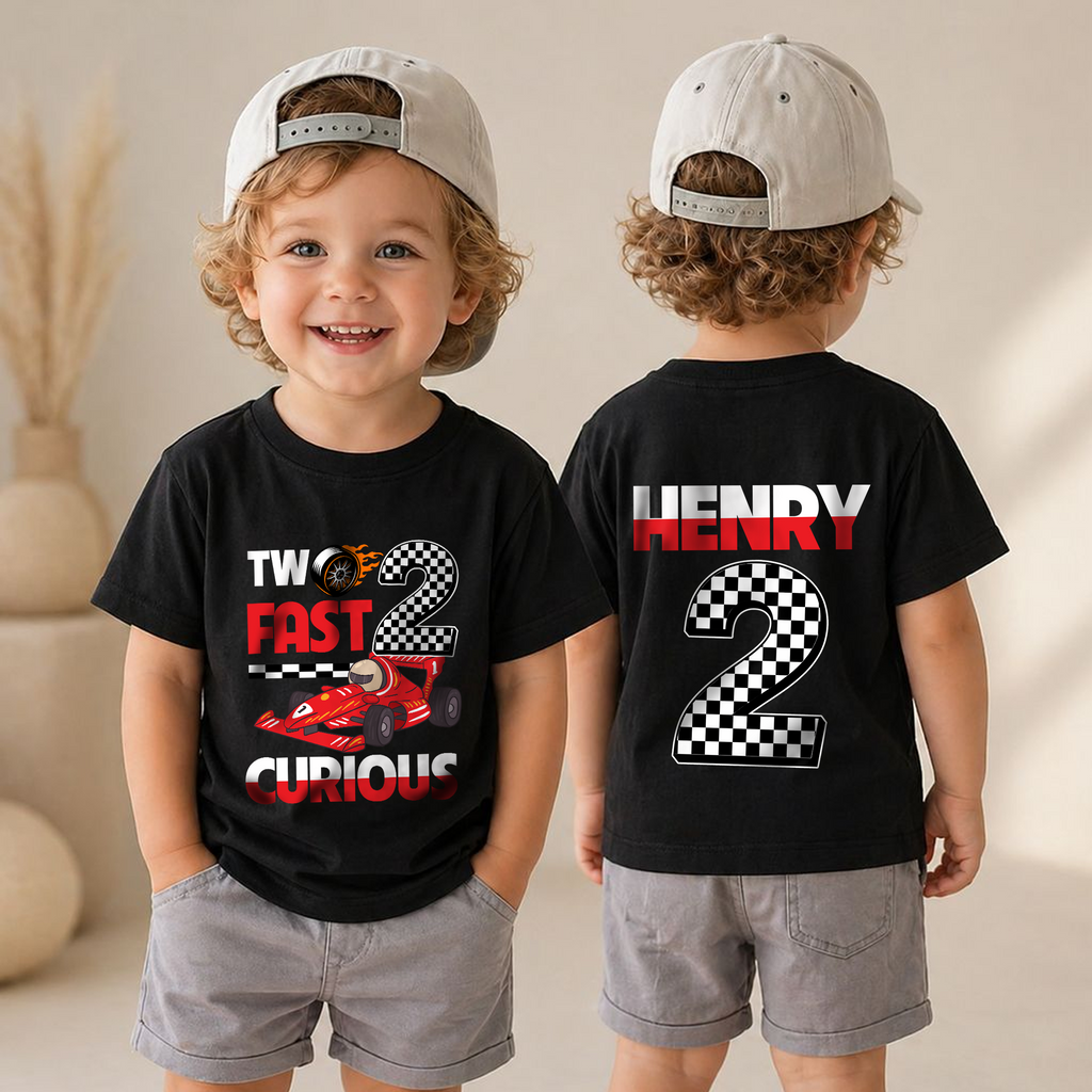 Boys Custom Racing Birthday Boy Shirt 2, Two Fast 2 Curious — product view 4