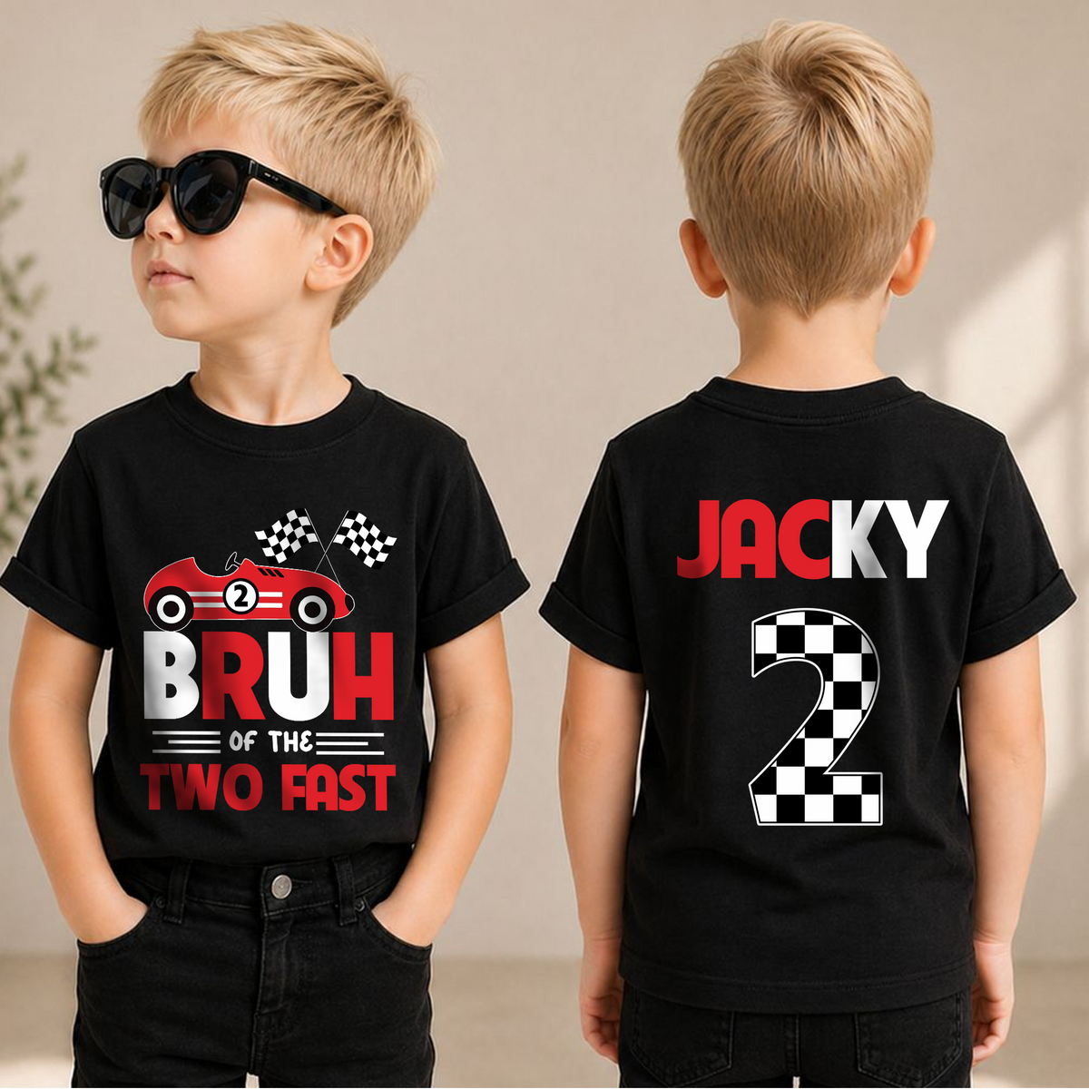 Boys Personalized Racing Birthday Boy Shirt 2, TWO FAST — product view 1
