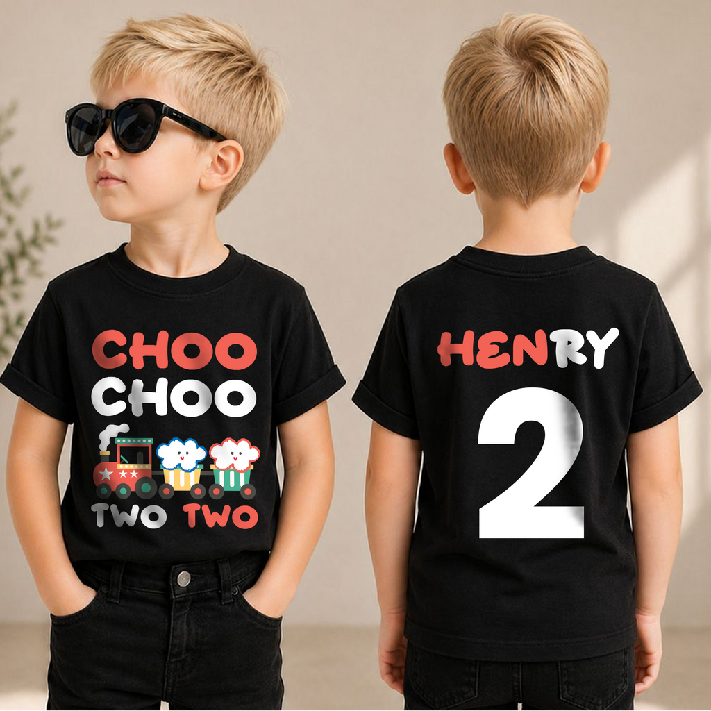 Custom Name Train 2nd Birthday Shirt Boy, Choo Choo Two Two — product view 1