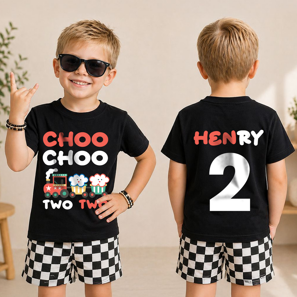 Custom Name Train 2nd Birthday Shirt Boy, Choo Choo Two Two — product view 3