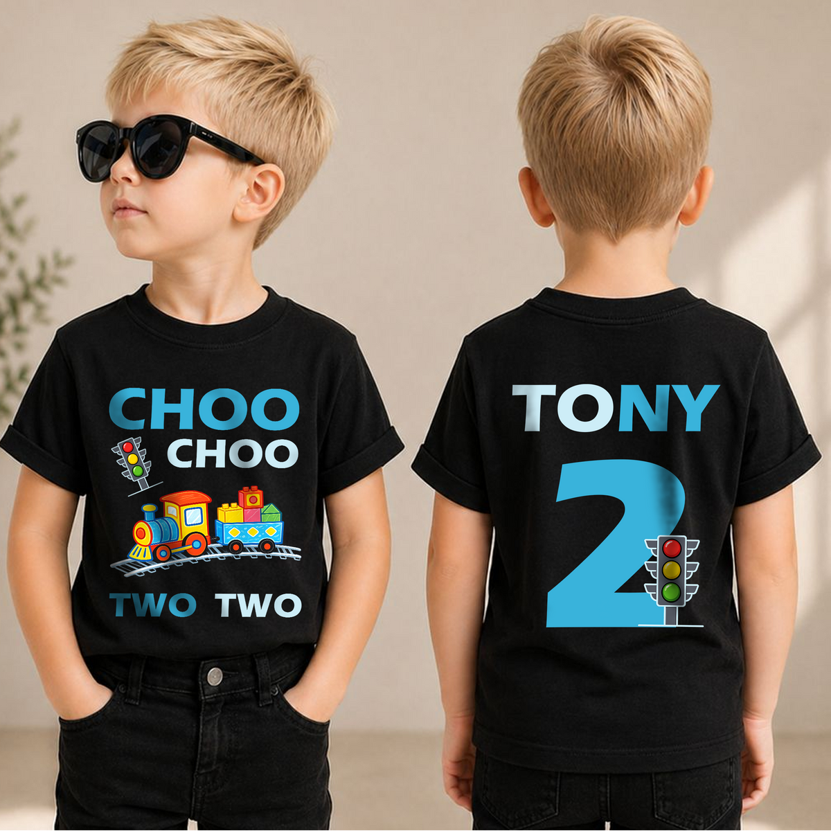 Boys Custom Train 2nd Birthday Shirt Boy, Choo Choo Two Two — product view 1