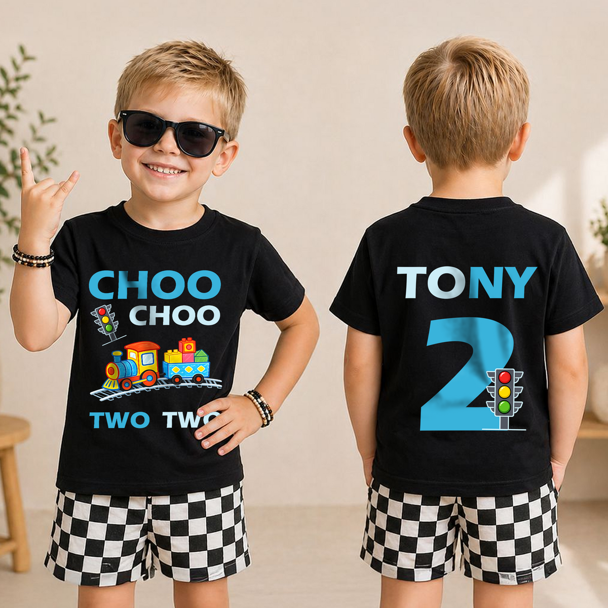 Boys Custom Train 2nd Birthday Shirt Boy, Choo Choo Two Two — product view 3