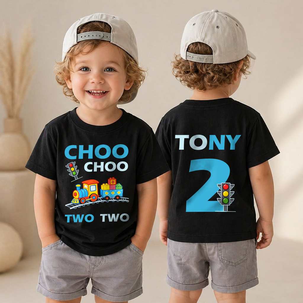 Boys Custom Train 2nd Birthday Shirt Boy, Choo Choo Two Two — product view 4