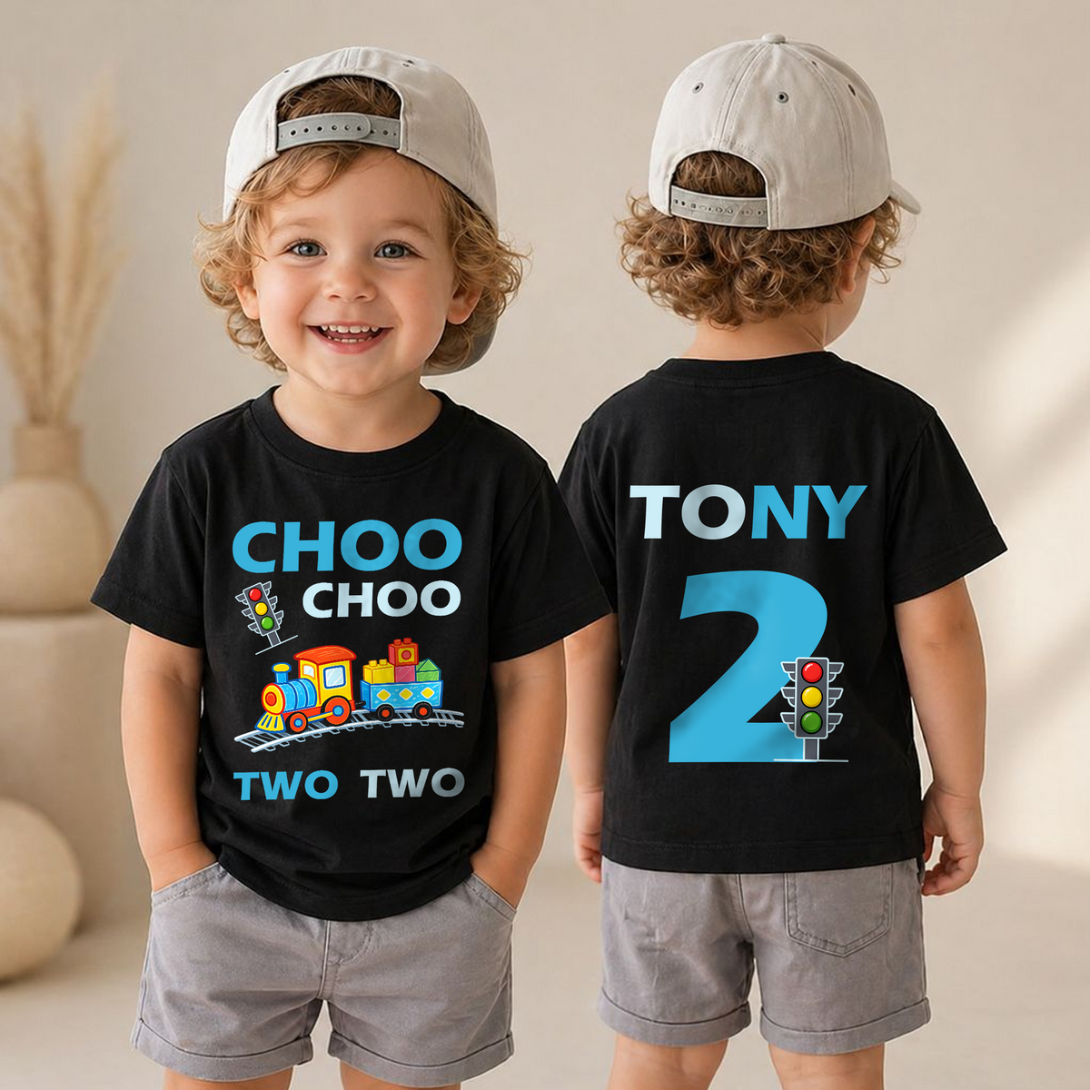 Boys Custom Train 2nd Birthday Shirt Boy, Choo Choo Two Two — product view 4